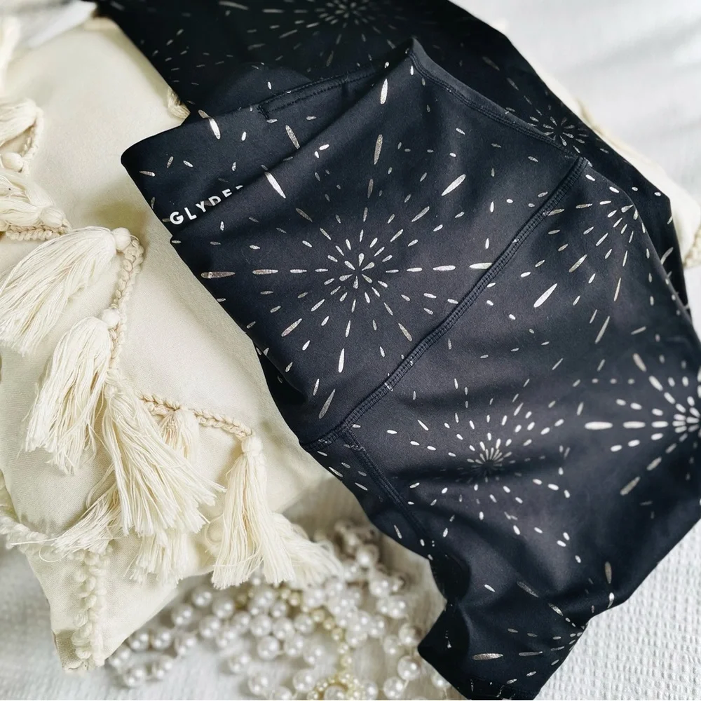 GLYDER | M | High Power II Foil Stardust Firework Print High Waist Leggings NWOT